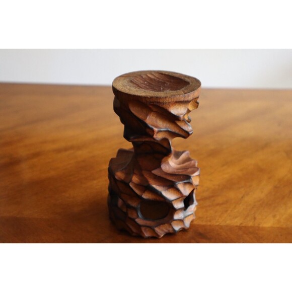 Vtg MCM Brutalist Carved Twisted Chalice Burl Wood Candle Holder Stand Tiki 6" - Picture 12 of 13